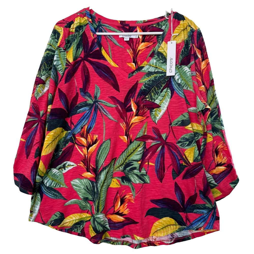 Chicos NWT Tropical Floral‎ Slub Tee 3X V Neck Hibiscus Resort Coastal
